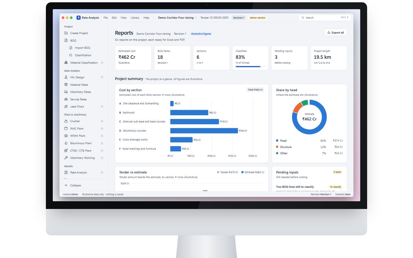 Rate Analysis: Road Tender Estimating Software, demo screen