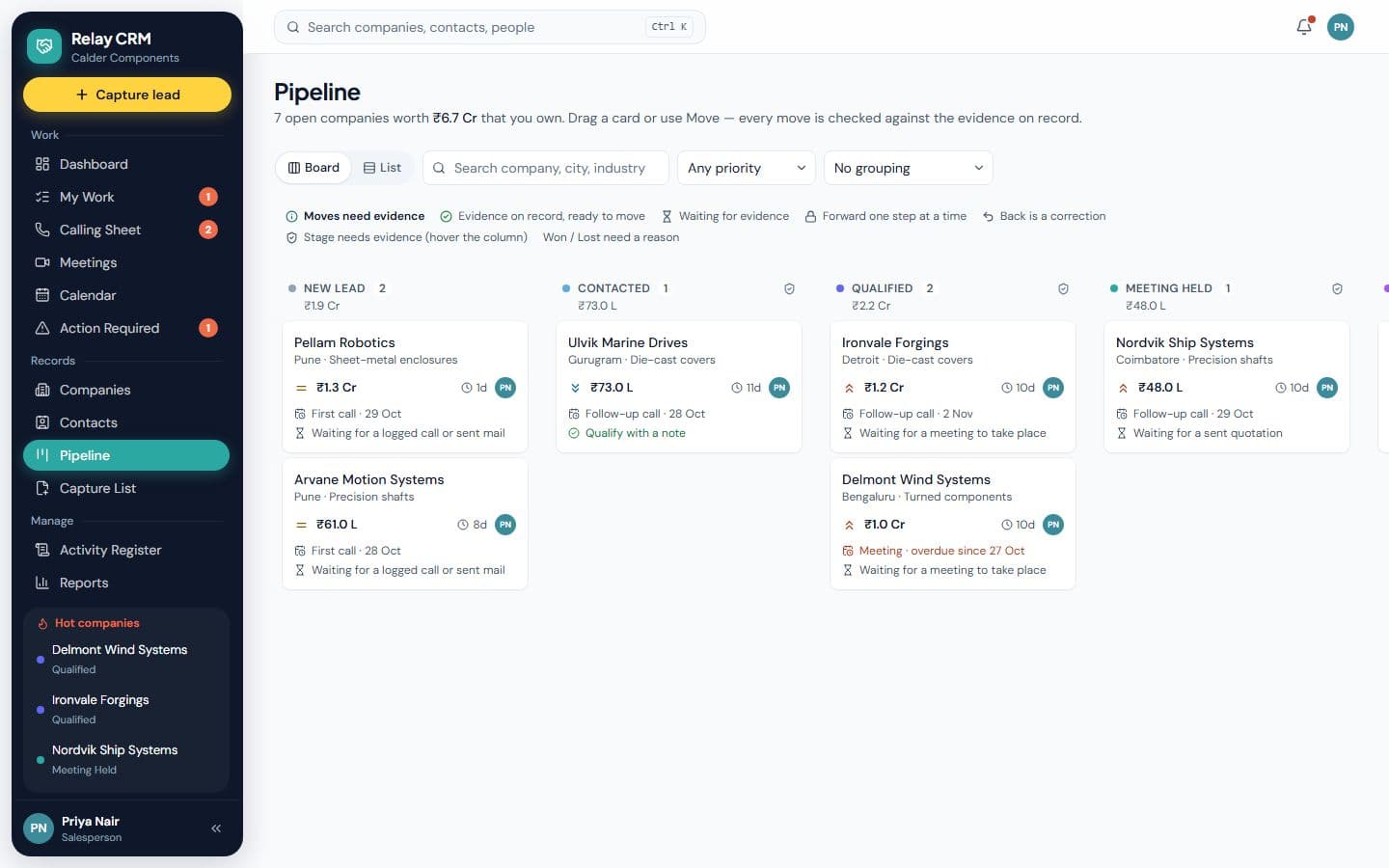 Relay CRM: Evidence-based Sales CRM, demo screen