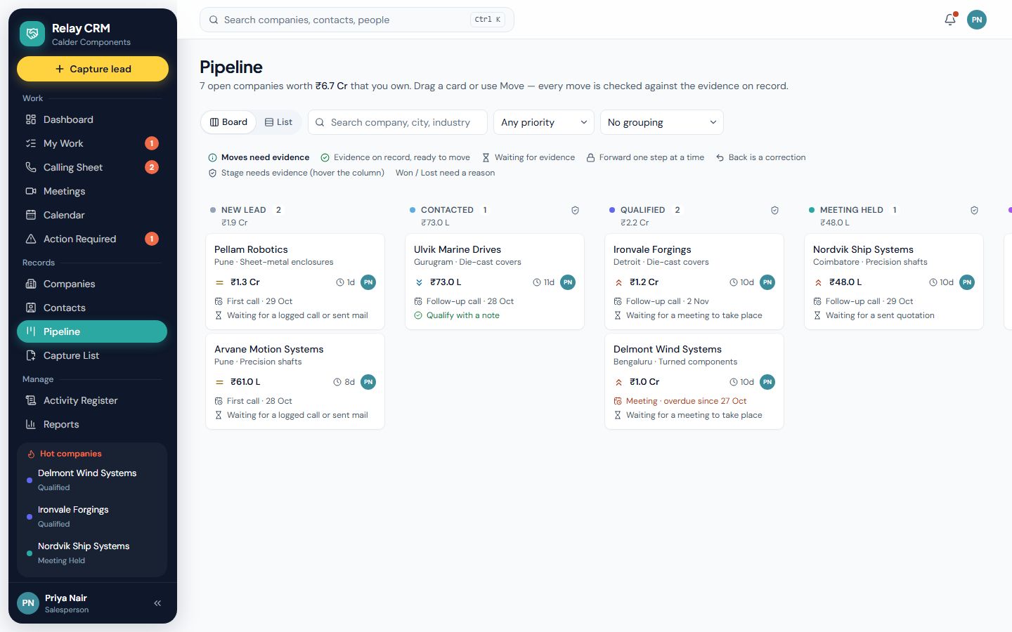 Relay CRM screen with fictional data